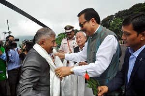 The Governor designate Brig. (Dr.) B.D. Mishra (Retd.) received by Deputy Chief Minister Shri Chowna  Mein at Raj Bhavan Helipad, Itanagar on 3rd October�2017. 